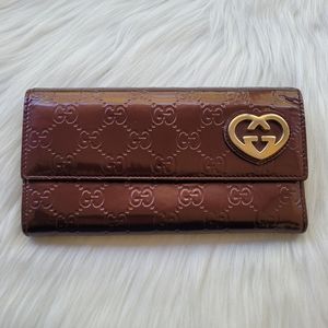 Gucci Guccissima Bordeaux Patent Leather Lovely Heart Continental Wallet